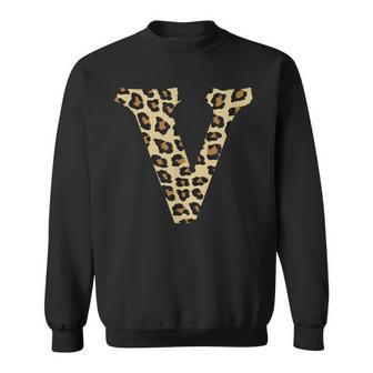 Leopard Cheetah Print Letter V Initial Rustic Monogram Sweatshirt - Monsterry DE