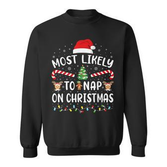 Most Likely To Nap On Christmas Reindeer Candy Family Joke Sweatshirt | Mazezy
