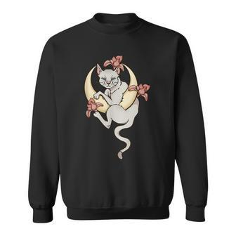 Lilie Flowers Celestial Cat In A Crescent Moon Sweatshirt - Monsterry