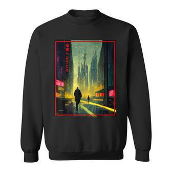 A Man Walks Cyberpunk City Japanese Text Futuristic Costume Sweatshirt - Thegiftio UK