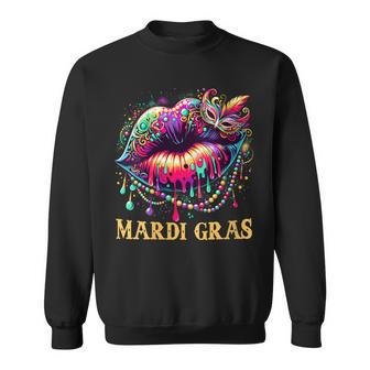 Mardi Gras Lips Queen Beads Mask Carnival Colorful Sweatshirt - Monsterry