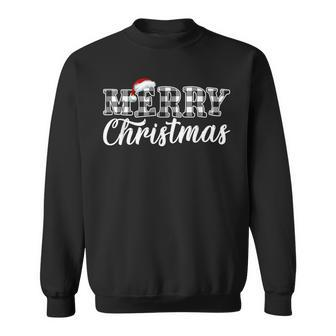 Merry Christmas Buffalo Plaid Black And White Santa Hat Xmas Sweatshirt - Seseable