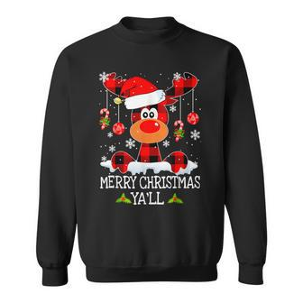 Merry Christmas Ya'll Reindeer Santa Hat Buffalo Red Plaid Sweatshirt - Monsterry