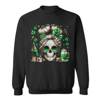 Messy Bun Skull Saint Paddys Day Irish Women Sweatshirt - Monsterry