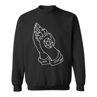 Prayer Hands Giving The Finger With Evil & Pentagram Tattoo Sweatshirt - Monsterry