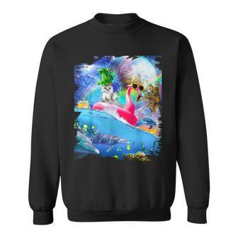 Rainbow Space Galaxy Cat On Flamingo Dolphin Sweatshirt - Monsterry DE
