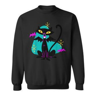 Retro Atomic Age Mid Century Vampire Black Cat W Bat Wings Sweatshirt - Monsterry UK