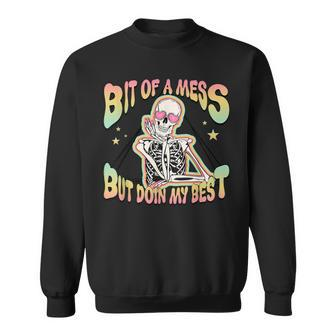 Retro Bit Of A Mess But Doin' My Best Mental Health Skeleton Sweatshirt - Monsterry