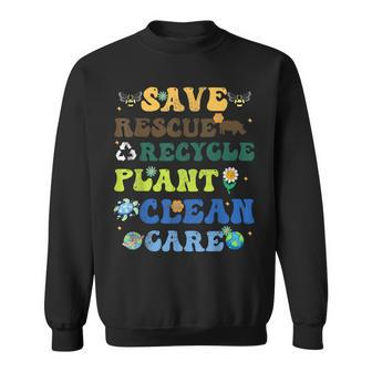 Retro Earth Day Save Bees Rescue Animals Recycle Plastics Sweatshirt - Seseable
