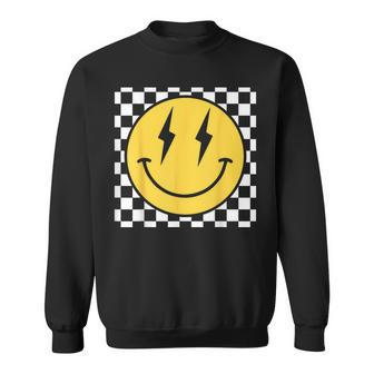 Retro Happy Face Distressed Checkered Pattern Smile Face Sweatshirt - Seseable