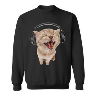 Silly Cat With Headphones Sweatshirt - Monsterry