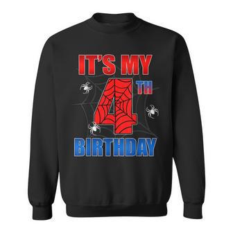 Spider Web 4 Years Old It's My 4Th Birthday Boy Party Sweatshirt - Seseable