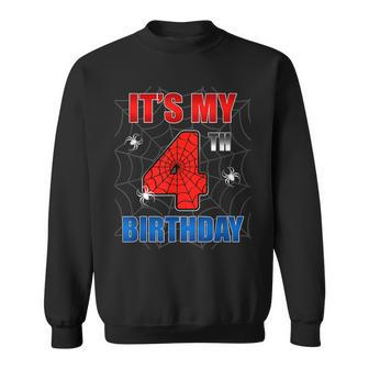 Spider Web Four 4 Years Old It's My 4Th Birthday Boy Party Sweatshirt - Seseable