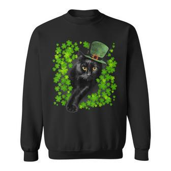 St Patrick Day Black Cat 3 Leaf Clover Kitten Lover Irish Sweatshirt - Seseable