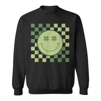 St Patrick's Day Retro Clover Smile Face Retro Checkered Sweatshirt - Monsterry