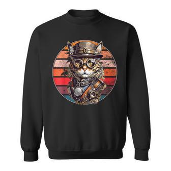 Steampunk Cat Retro Sunset Glasses Hat And Watches Sweatshirt - Seseable