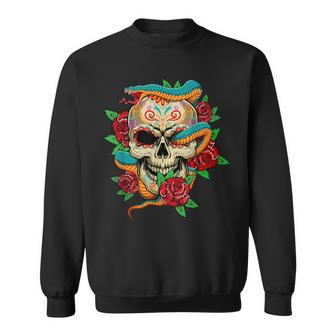 Sugar Skull Day Of Dead Cool Bone Head Skulls Snake Rose Sweatshirt - Monsterry UK