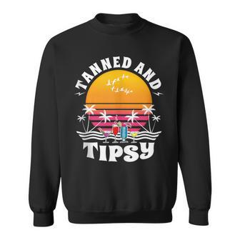Tanned And Tipsy Beach Drinking Retro Sunset Summer Vacation Sweatshirt - Monsterry