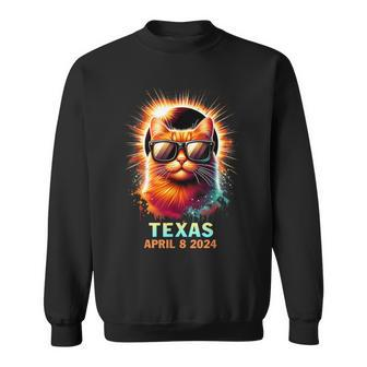 Texas Total Solar Eclipse 2024 Cat Wearing Glasses Sweatshirt - Seseable
