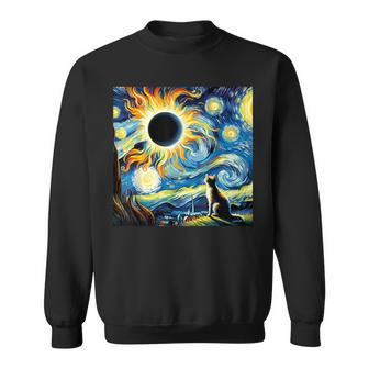Total Solar Eclipse 2024 Van Gogh Starry Night Cat Women Sweatshirt | Mazezy