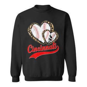 Vintage Cincinnati Baseball Leopard Heart Baseball Fans Sweatshirt - Seseable