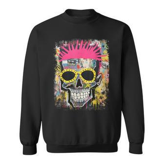 Vintage Graffiti Biker Rocker Skeleton Punk Horror Skull Sweatshirt - Monsterry