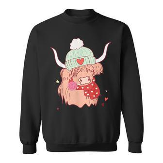Western Valentines Day Cute Highland Cow Eating A Lollipop Sweatshirt - Seseable