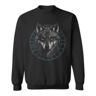 Wolf With Blue Eyes Viking Runes Animal Graphic Sweatshirt - Seseable