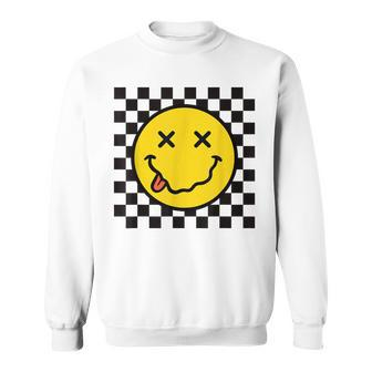 70S Yellow Smile Face Tongue Out Checkered Happy Face Sweatshirt - Thegiftio UK