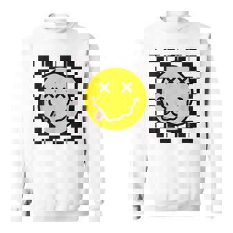70S Yellow Smile Face Tongue Out Checkered Happy Face Sweatshirt - Thegiftio