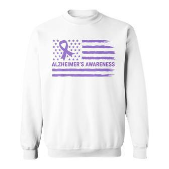 Alzheimer's Awareness Purple Ribbon American Flag Dementia Sweatshirt - Monsterry DE