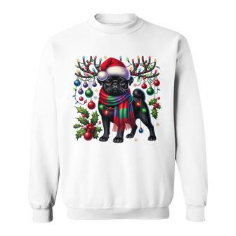 Black Pug Dog Tree Christmas Lights Xmas Pajama Sweatshirt | Mazezy