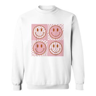 Checkered Pattern Happy Face Retro Pink Smile Face Sweatshirt - Thegiftio UK