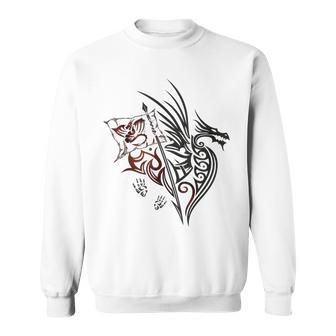 Fire Dragon With Wings Footprints And Flag Fantasy Sweatshirt - Monsterry