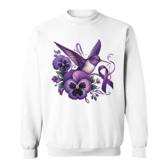 Hummingbird Holding Purple Ribbon Alzheimer Awareness Pansy Sweatshirt - Seseable