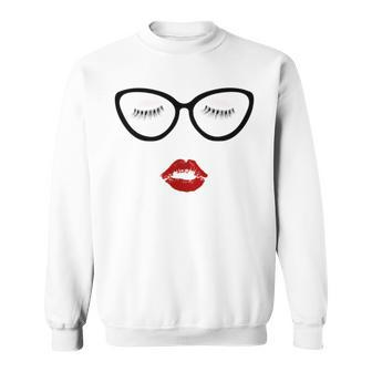 Ladies Eyelashes Black Glasses Red Pouty Full Lips Eyeshadow Sweatshirt - Monsterry DE