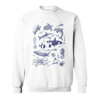 Ocean Wildlife Vintage Shark Turtle Octopus Graphic Sweatshirt - Monsterry