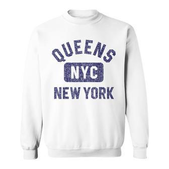 Queens Nyc Gym Style Distressed Navy Blue Print Sweatshirt - Monsterry DE