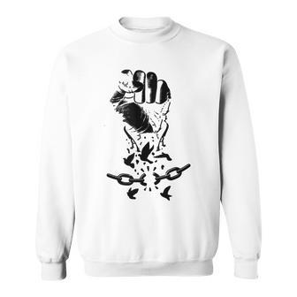 Raised Hand Clenched Fist Broken Chain Birds Black Freedom Sweatshirt - Monsterry UK