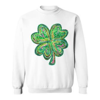 Shamrock Sequin Effect St Patrick's Day Four Leaf Clover Sweatshirt - Seseable