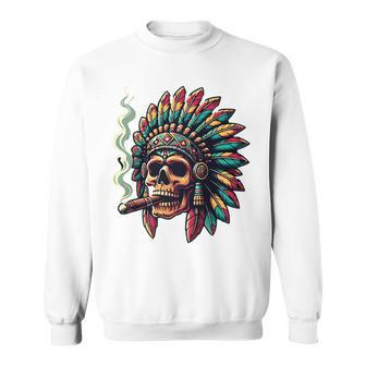 Smoking Cigar Indian Skull Colorful Headdress Lounge Gear Sweatshirt - Monsterry