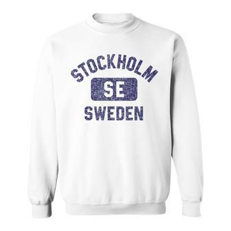 Stockholm Se Sweden Gym Style Distressed Navy Blue Print Sweatshirt - Monsterry UK