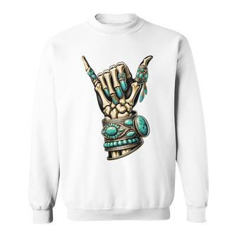 Western Skeleton Jewelry Western Turquoise Skeleton Hand Sweatshirt - Monsterry