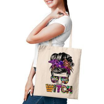 100 That Witch Halloween Costume Messy Bun Skull Witch Girl Tote Bag - Seseable