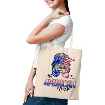 American Flag Patriotic Nurse Messy Bun 4Th Of July Tote Bag - Seseable
