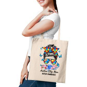 Blue Ribbon Butterfly Step Mom Messy Bun Autism Awareness Tote Bag - Seseable