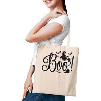 Boo Witch On Broom With Bats Halloween Costume Party Tote Bag - Seseable