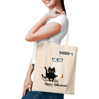 Book Lover Halloween Boooks Ghost Boo And Black Cat Cute Tote Bag - Seseable