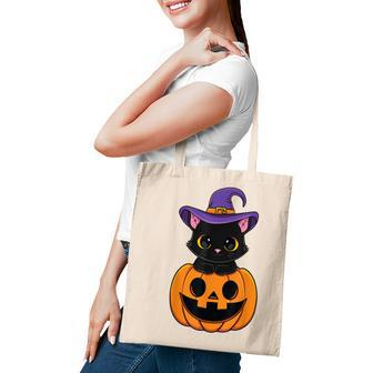 Halloween Cute Black Cat Witch Hat Pumpkin For Kids Girls Tote Bag - Seseable