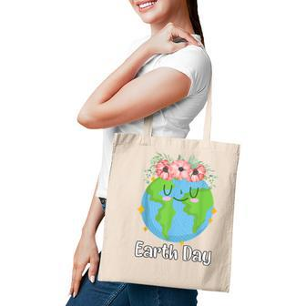 Happy Earth Day Cute Earth Smiles With Floral Earth Day 2022 Tote Bag - Seseable